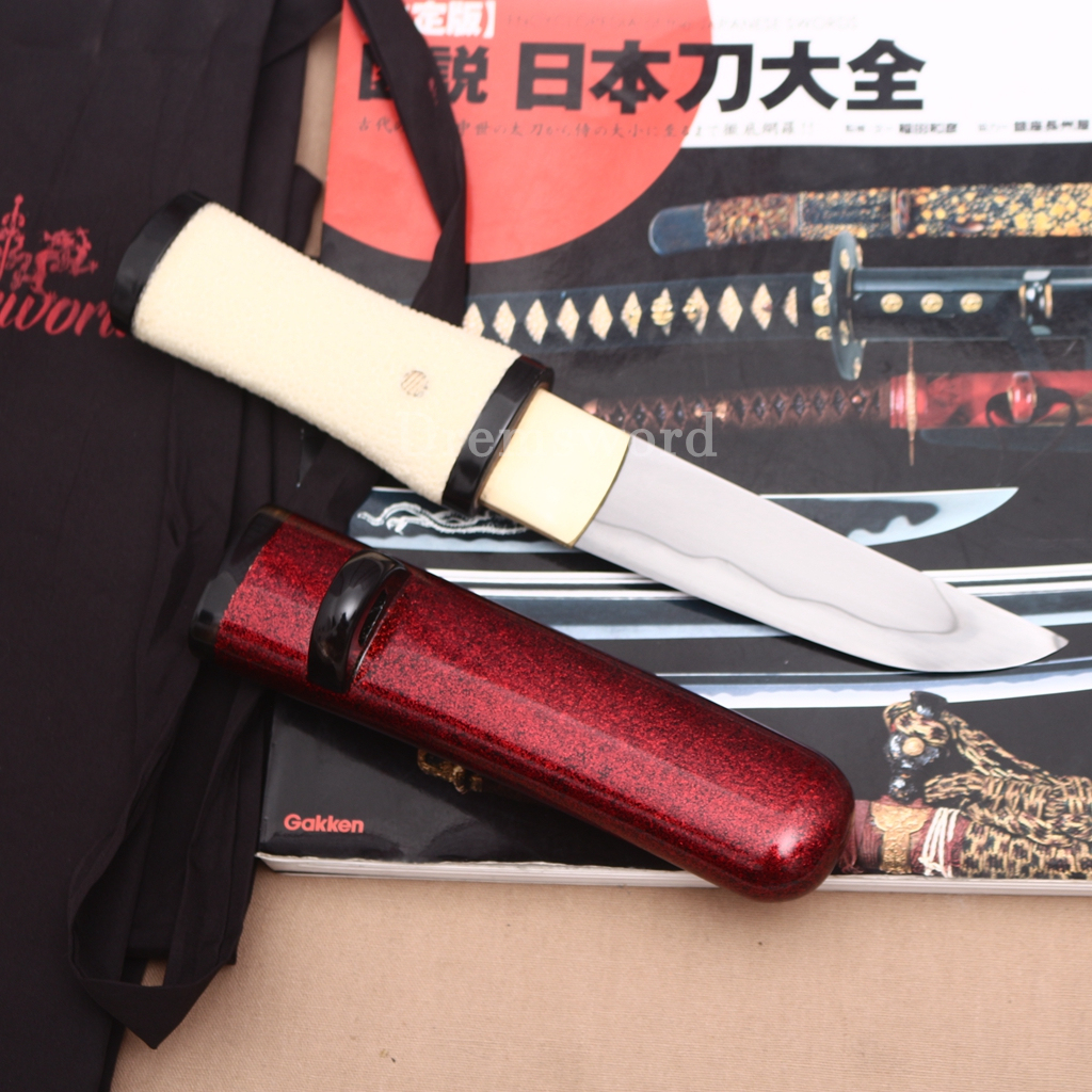 Handmade L6 Steel Clay Tempered Tanto Japanese Samurai Sword Dagger Hira-Zukuri Sword Red Urushi-nuri Saya