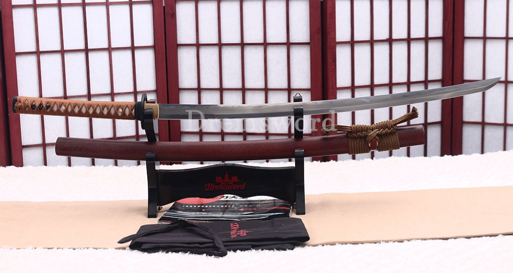 T10 Clay Tempered Reverse Edge Katana Japanese Samurai Sword SHINOGI-ZUKURI Battle Ready Brown