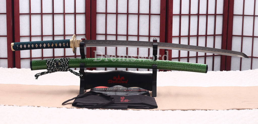 T10 Steel Clay Tempered Katana Choji Hamon Japanese Samurai Sword SHINOGI-ZUKURI Battle Ready Green