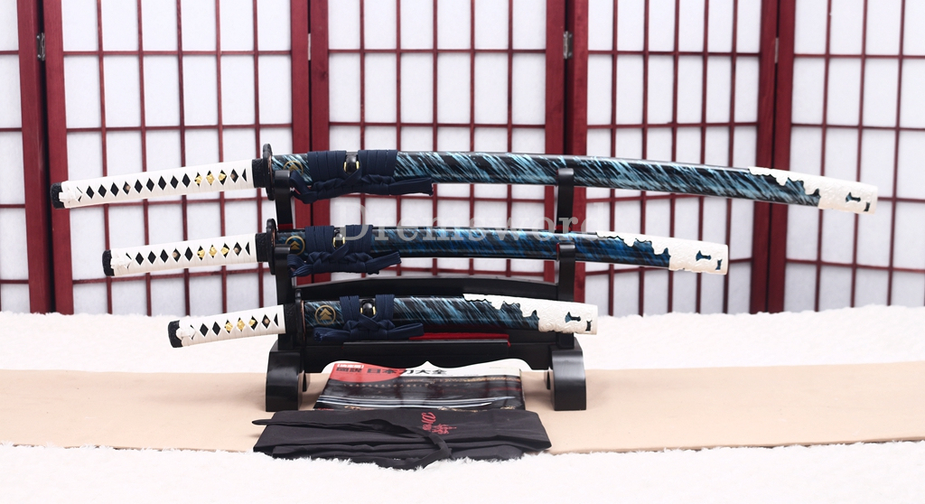 T10 Steel Clay Tempered Daisho Anime Katana Wakizashi Tanto Set Japanese Samurai Swords SHINOGI-ZUKURI Battle Ready White