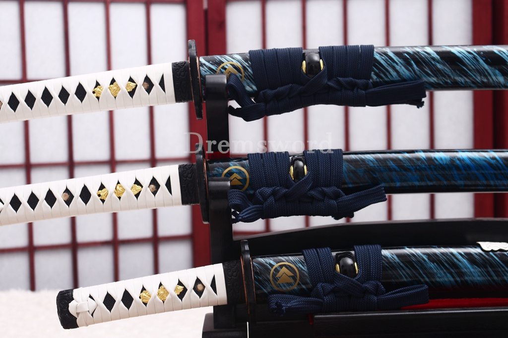 T10 Steel Clay Tempered Daisho Anime Katana Wakizashi Tanto Set Japanese Samurai Swords SHINOGI-ZUKURI Battle Ready White