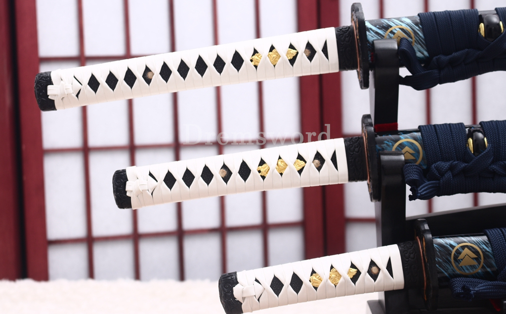 T10 Steel Clay Tempered Daisho Anime Katana Wakizashi Tanto Set Japanese Samurai Swords SHINOGI-ZUKURI Battle Ready White