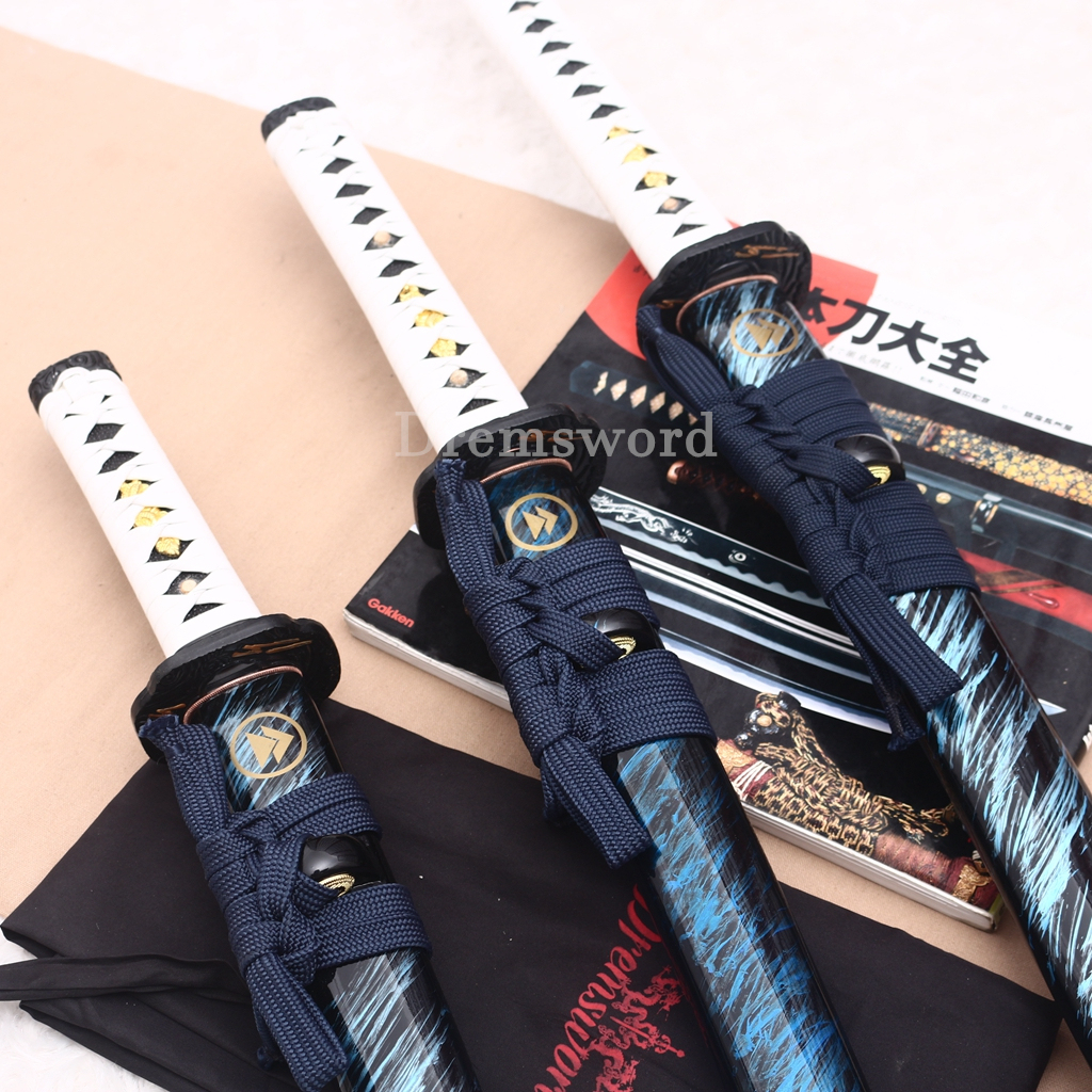 T10 Steel Clay Tempered Daisho Anime Katana Wakizashi Tanto Set Japanese Samurai Swords SHINOGI-ZUKURI Battle Ready White