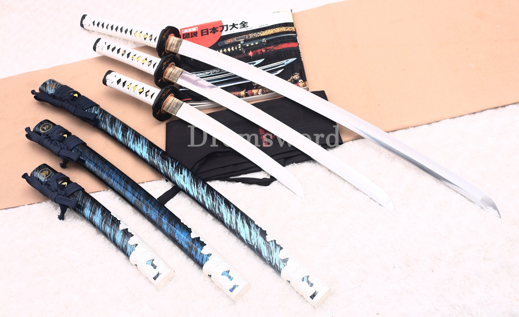 T10 Steel Clay Tempered Daisho Anime Katana Wakizashi Tanto Set Japanese Samurai Swords SHINOGI-ZUKURI Battle Ready White