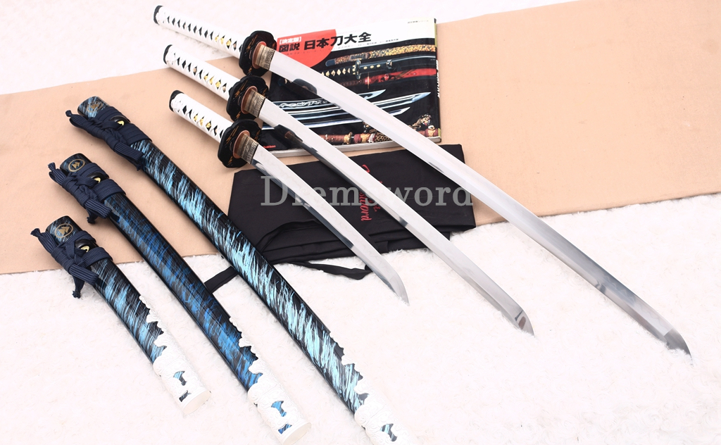 T10 Steel Clay Tempered Daisho Anime Katana Wakizashi Tanto Set Japanese Samurai Swords SHINOGI-ZUKURI Battle Ready White