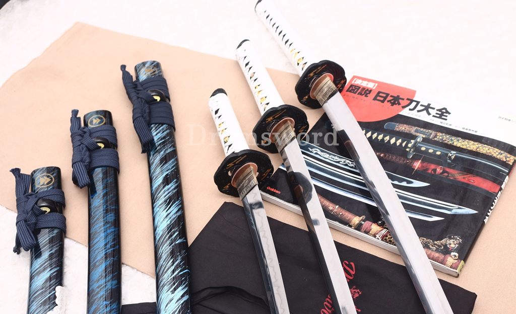 T10 Steel Clay Tempered Daisho Anime Katana Wakizashi Tanto Set Japanese Samurai Swords SHINOGI-ZUKURI Battle Ready White