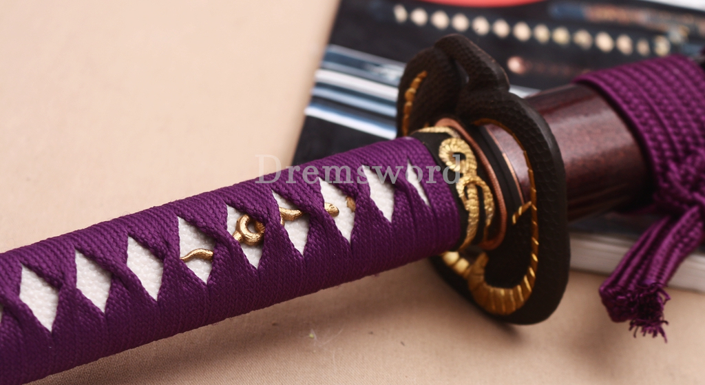 T10 Steel Clay Tempered Katana Japanese Samurai Sword Snake Tsuba SHINOGI-ZUKURI Battle Ready Purple