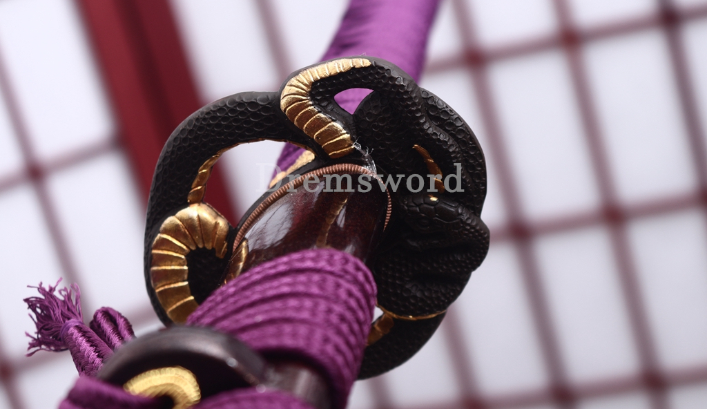 T10 Steel Clay Tempered Katana Japanese Samurai Sword Snake Tsuba SHINOGI-ZUKURI Battle Ready Purple