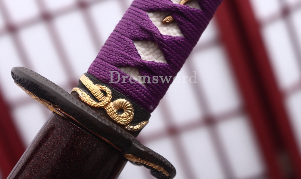 T10 Steel Clay Tempered Katana Japanese Samurai Sword Snake Tsuba SHINOGI-ZUKURI Battle Ready Purple