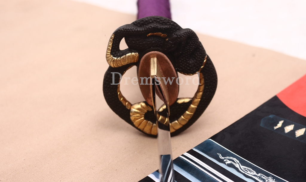 T10 Steel Clay Tempered Katana Japanese Samurai Sword Snake Tsuba SHINOGI-ZUKURI Battle Ready Purple