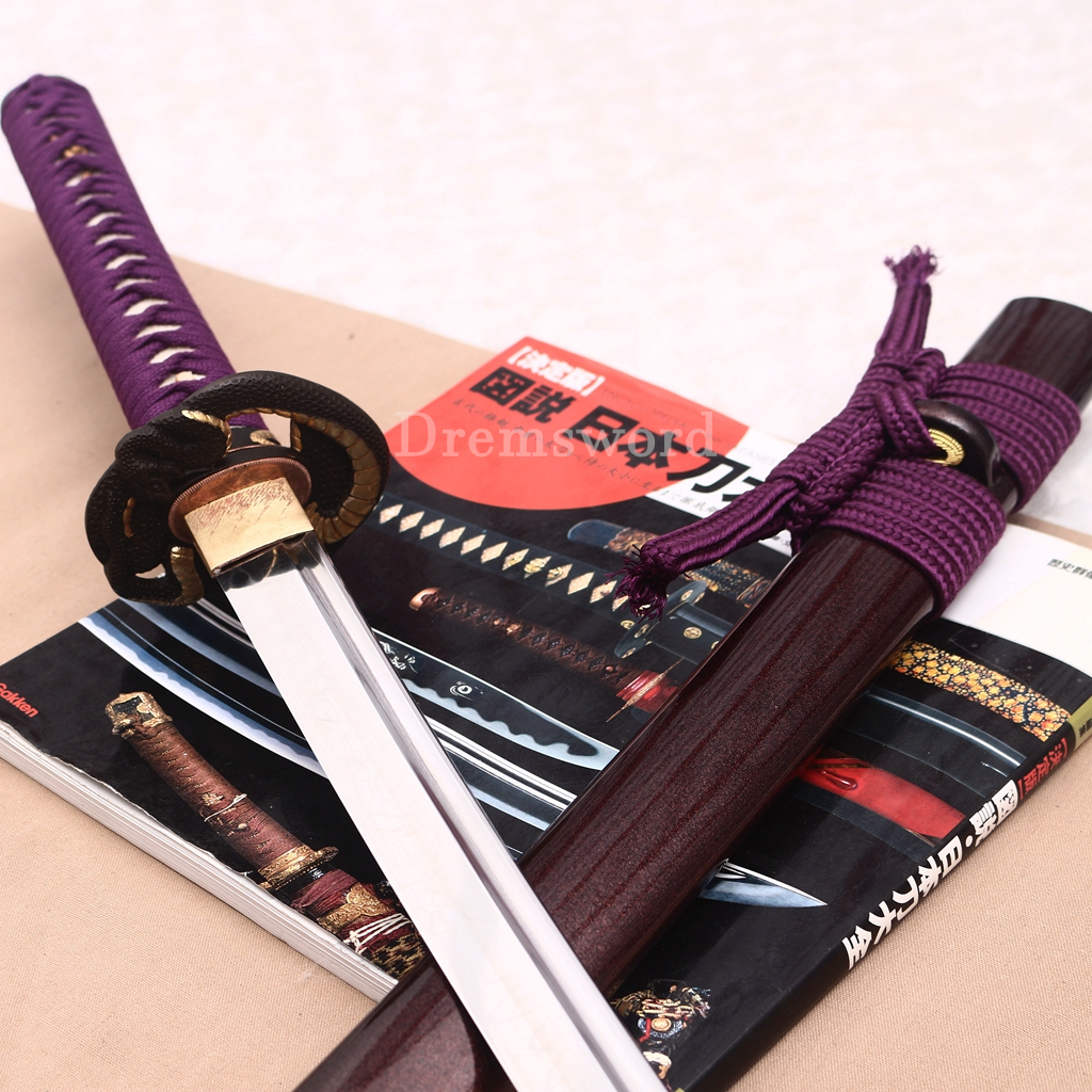 T10 Steel Clay Tempered Katana Japanese Samurai Sword Snake Tsuba SHINOGI-ZUKURI Battle Ready Purple