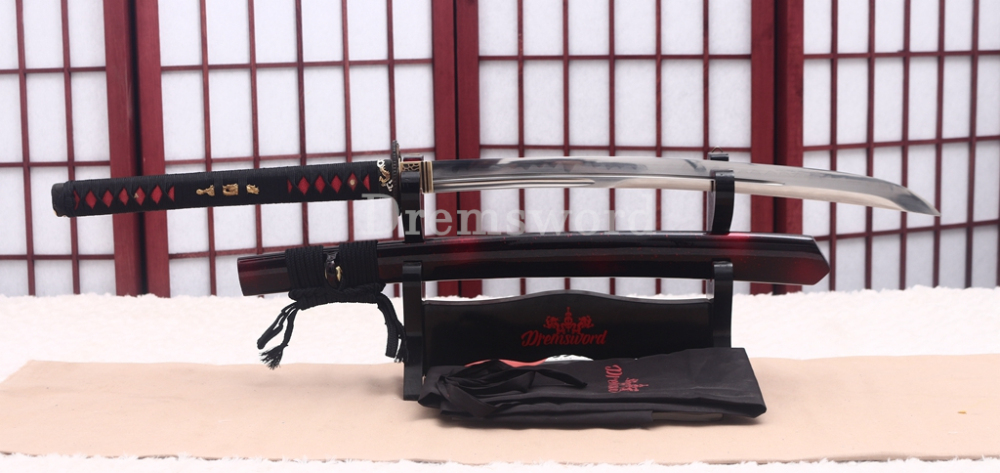 T10 Steel Clay Tempered Nagamaki Japanese Samurai Sword for Battle Red