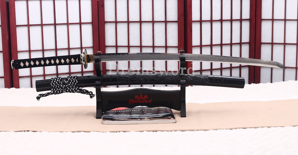 T10 Steel Clay Tempered Katana Choji Hamon Japanese Samurai Sword SHINOGI-ZUKURI Battle Ready Black