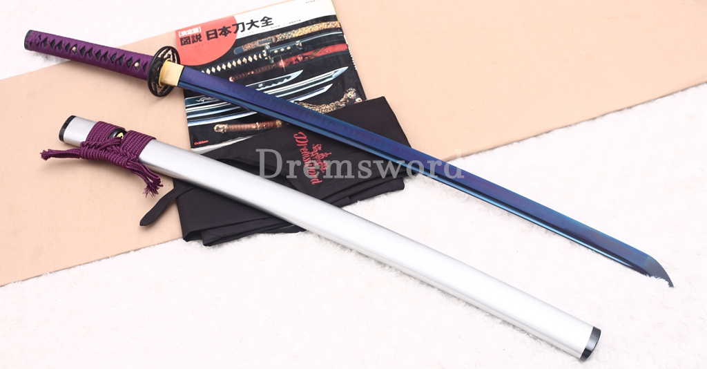 T10 Clay Tempered Katana Blue Blade Japanese Samurai Sword SHINOGI-ZUKURI Battle Ready White Saya