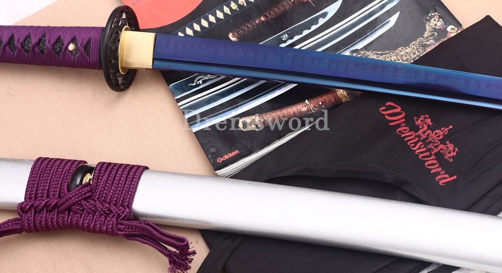 T10 Clay Tempered Katana Blue Blade Japanese Samurai Sword SHINOGI-ZUKURI Battle Ready White Saya