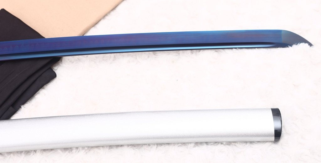 T10 Clay Tempered Katana Blue Blade Japanese Samurai Sword SHINOGI-ZUKURI Battle Ready White Saya