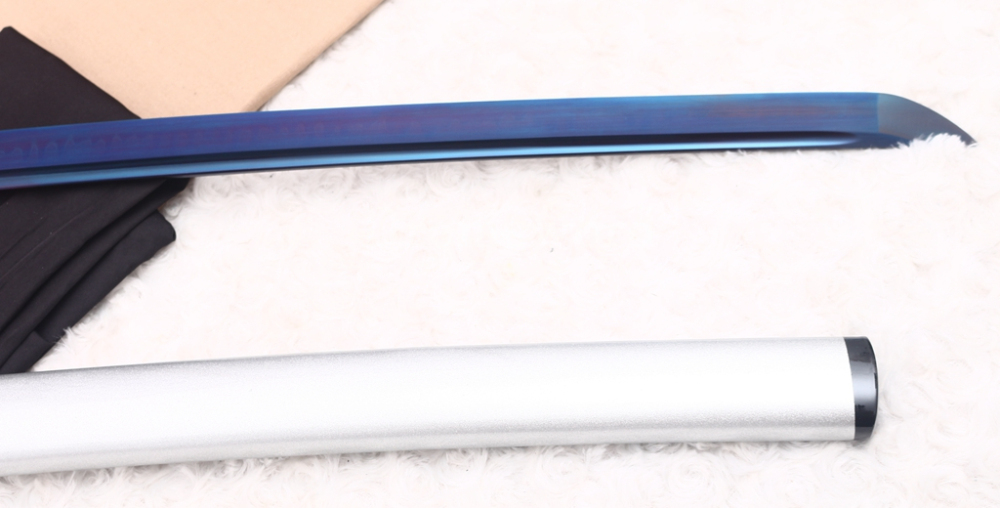 T10 Clay Tempered Katana Blue Blade Japanese Samurai Sword SHINOGI-ZUKURI Battle Ready White Saya