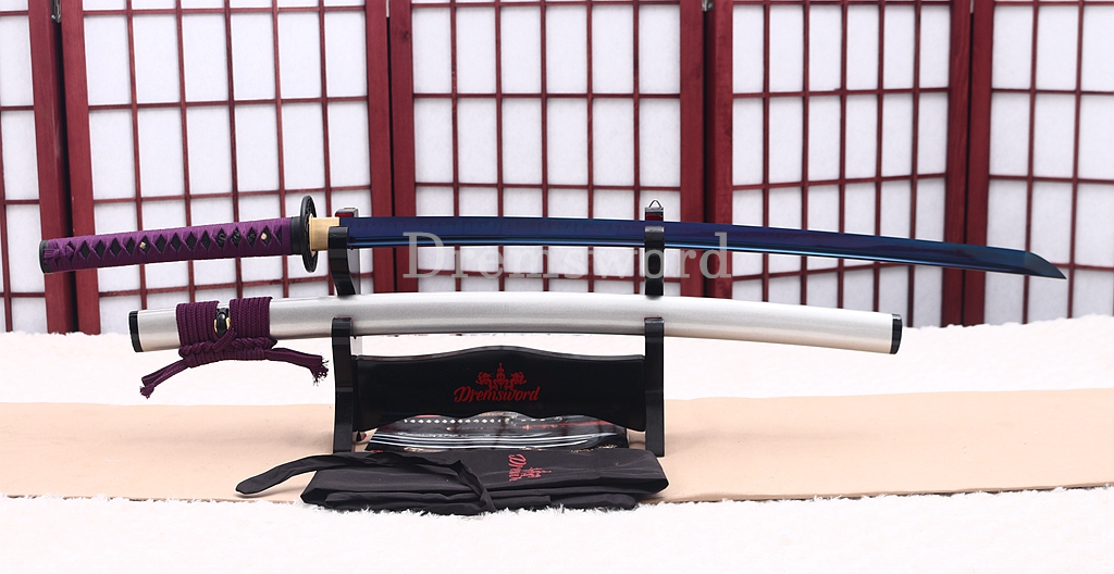 T10 Clay Tempered Katana Blue Blade Japanese Samurai Sword SHINOGI-ZUKURI Battle Ready White Saya