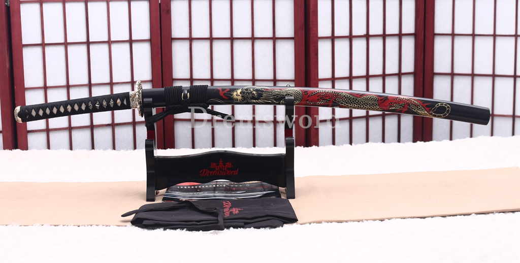 T10 Steel Clay Tempered Katana Hitatsura Hamon Japanese Samurai Sword SHINOGI-ZUKURI Battle Ready Black