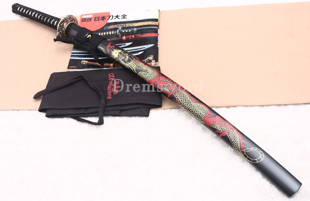 T10 Steel Clay Tempered Katana Hitatsura Hamon Japanese Samurai Sword SHINOGI-ZUKURI Battle Ready Black