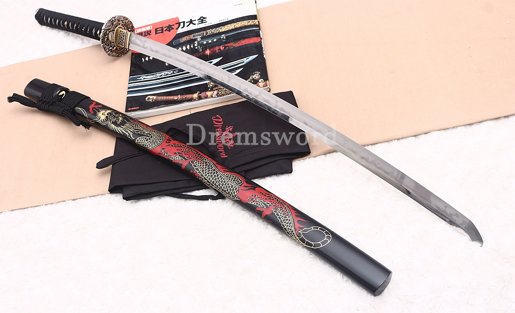 T10 Steel Clay Tempered Katana Hitatsura Hamon Japanese Samurai Sword SHINOGI-ZUKURI Battle Ready Black