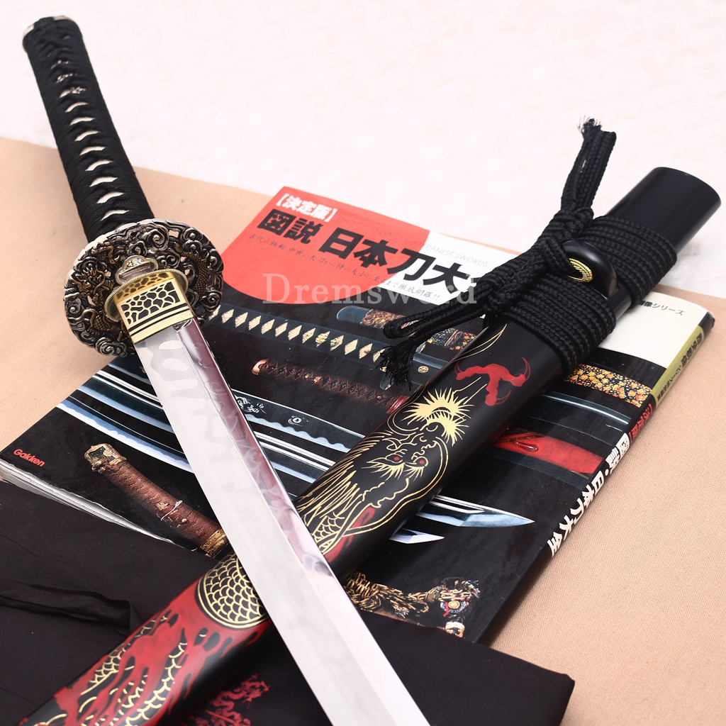 T10 Steel Clay Tempered Katana Hitatsura Hamon Japanese Samurai Sword SHINOGI-ZUKURI Battle Ready Black