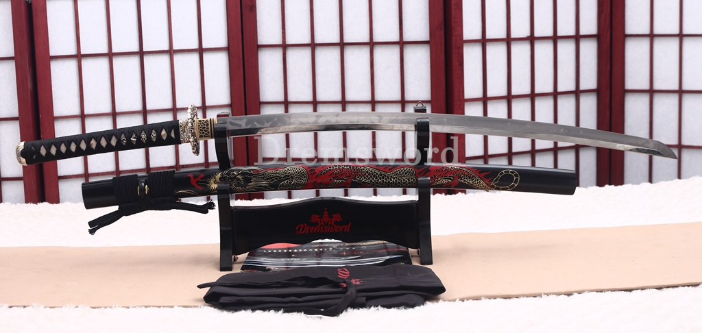 T10 Steel Clay Tempered Katana Hitatsura Hamon Japanese Samurai Sword SHINOGI-ZUKURI Battle Ready Black