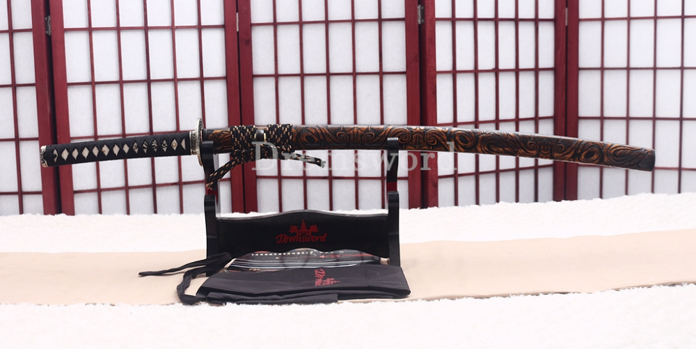 Wootz Steel Clay Tempered Katana Japanese Samurai Sword SHINOGI-ZUKURI Battle Ready Black