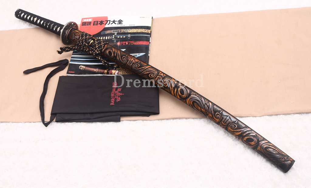 Wootz Steel Clay Tempered Katana Japanese Samurai Sword SHINOGI-ZUKURI Battle Ready Black