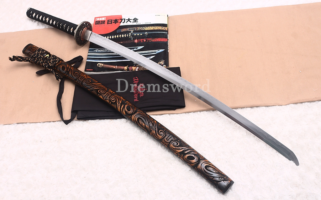 Wootz Steel Clay Tempered Katana Japanese Samurai Sword SHINOGI-ZUKURI Battle Ready Black