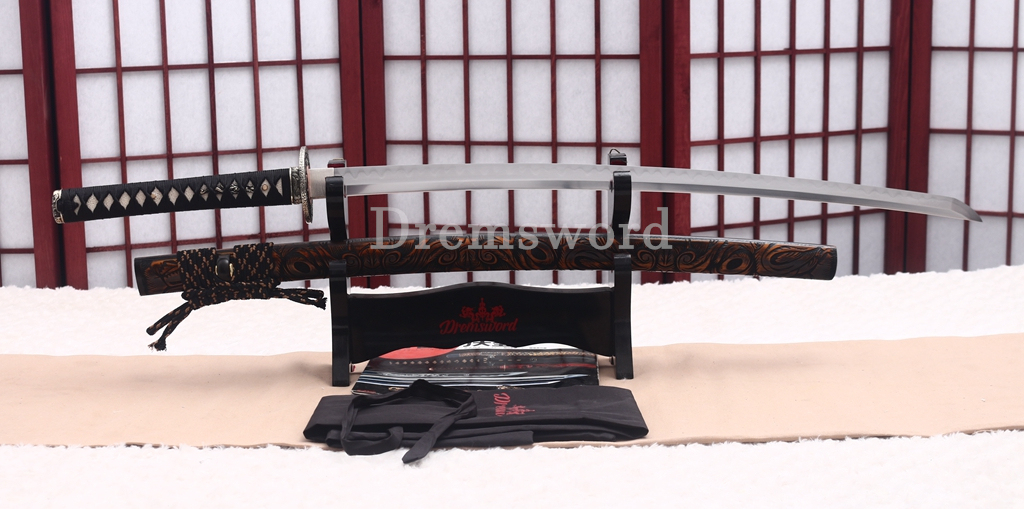 Wootz Steel Clay Tempered Katana Japanese Samurai Sword SHINOGI-ZUKURI Battle Ready Black