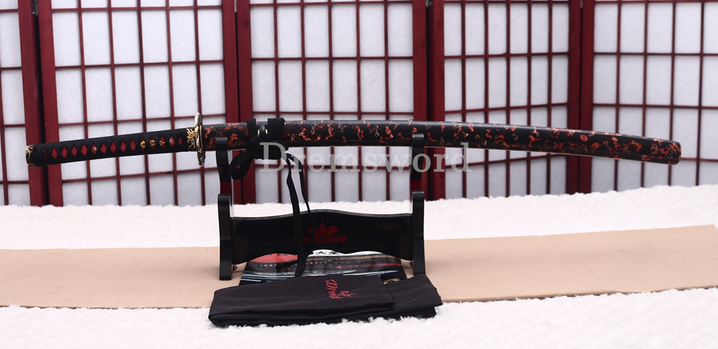 Tamahagane Steel Clay Tempered Katana Hand Carving Japanese Samurai Sword SHINOGI-ZUKURI Urushi-nuri Saya Black