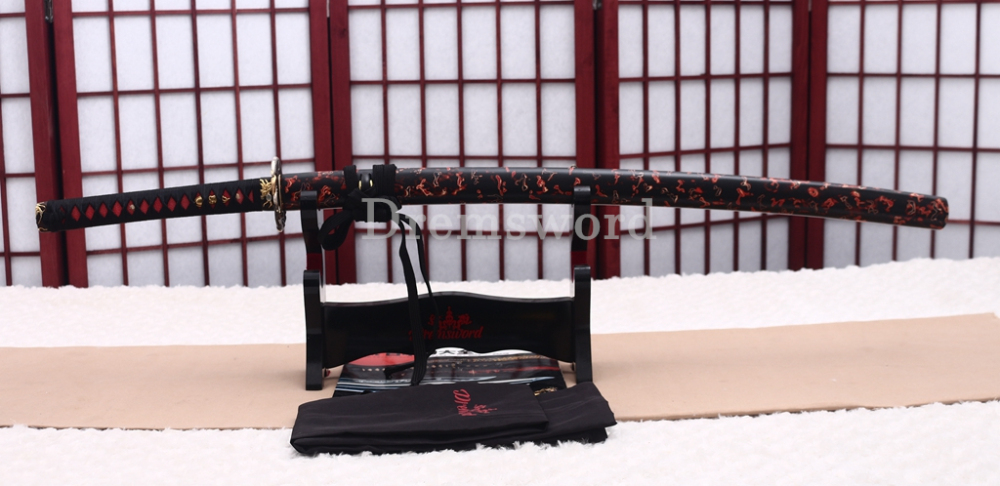Tamahagane Steel Clay Tempered Katana Hand Carving Japanese Samurai Sword SHINOGI-ZUKURI Urushi-nuri Saya Black