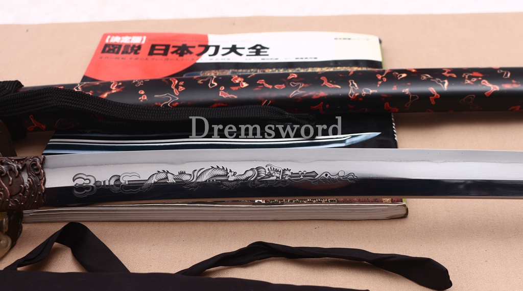 Tamahagane Steel Clay Tempered Katana Hand Carving Japanese Samurai Sword SHINOGI-ZUKURI Urushi-nuri Saya Black
