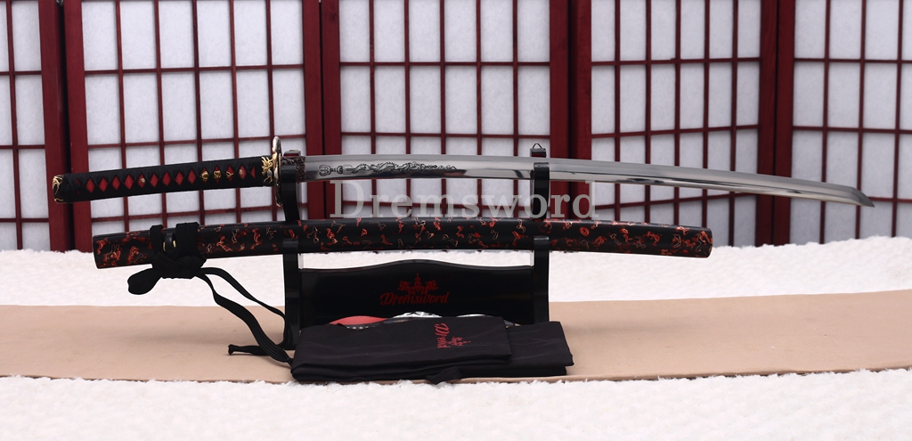 Tamahagane Steel Clay Tempered Katana Hand Carving Japanese Samurai Sword SHINOGI-ZUKURI Urushi-nuri Saya Black