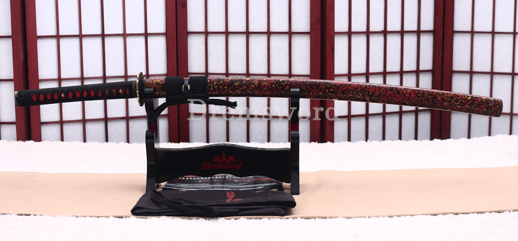 Folded Steel Clay Tempered Katana Abrasive Hamon Japanese Samurai Sword Urushi-nuri Saya Shinogi-Zukuri Red