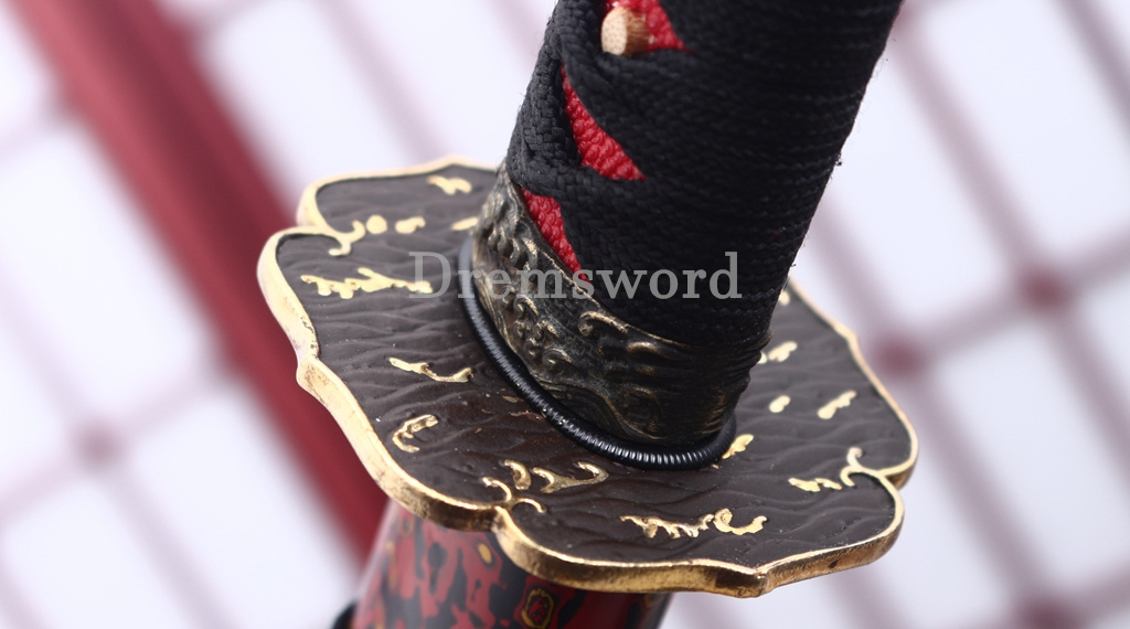 Folded Steel Clay Tempered Katana Abrasive Hamon Japanese Samurai Sword Urushi-nuri Saya Shinogi-Zukuri Red