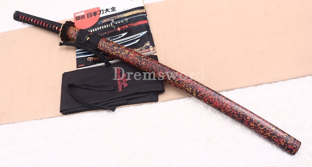 Folded Steel Clay Tempered Katana Abrasive Hamon Japanese Samurai Sword Urushi-nuri Saya Shinogi-Zukuri Red