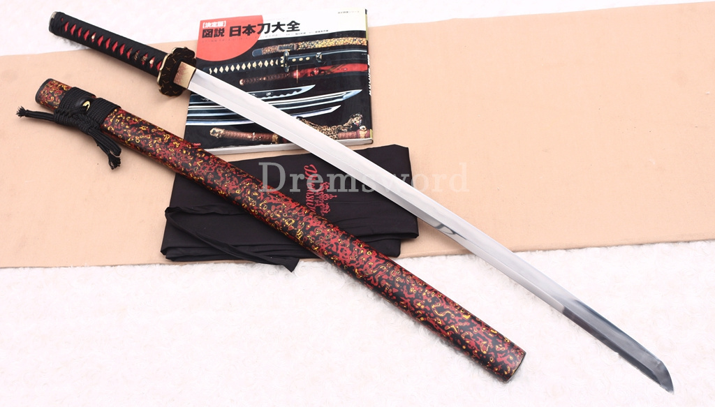 Folded Steel Clay Tempered Katana Abrasive Hamon Japanese Samurai Sword Urushi-nuri Saya Shinogi-Zukuri Red