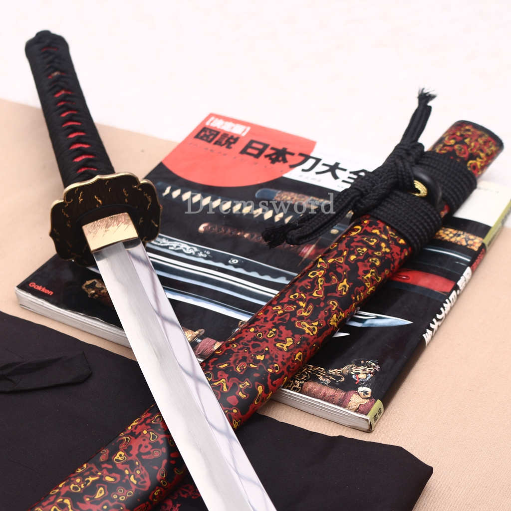 Folded Steel Clay Tempered Katana Abrasive Hamon Japanese Samurai Sword Urushi-nuri Saya Shinogi-Zukuri Red