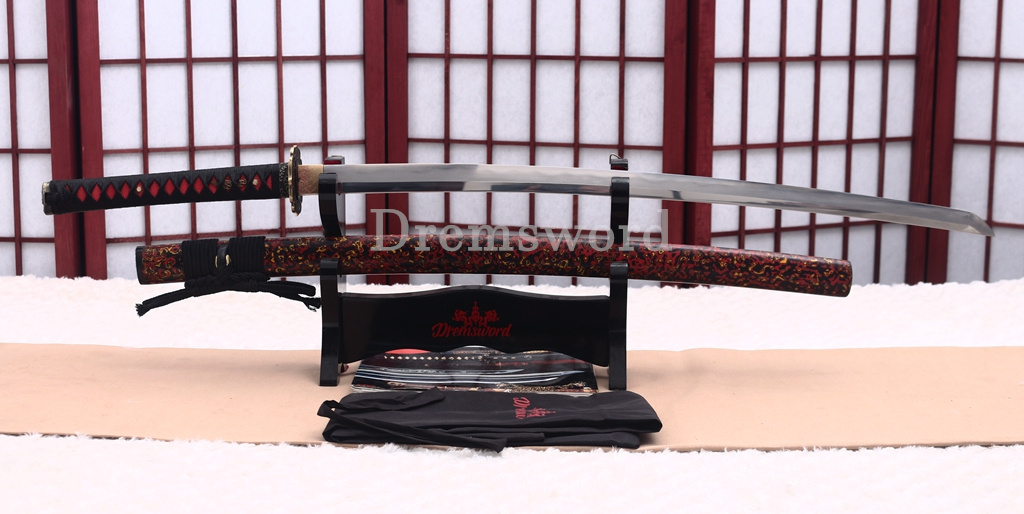 Folded Steel Clay Tempered Katana Abrasive Hamon Japanese Samurai Sword Urushi-nuri Saya Shinogi-Zukuri Red