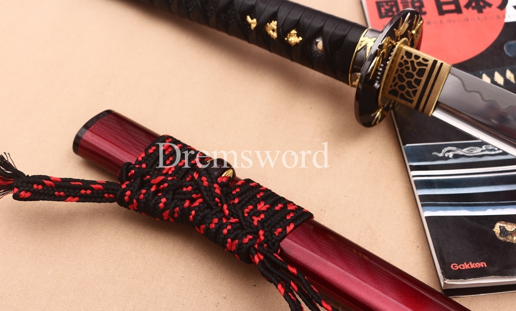 Handmade 9260 Spring Steel Wakizashi Horn Saya Japanese Samurai Sword Battle Ready Full Tang Shinogi-Zukuri Red