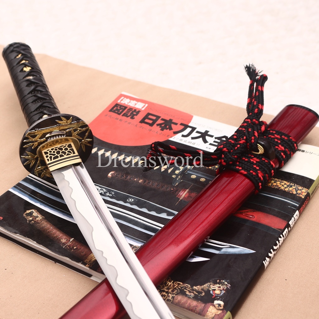 Handmade 9260 Spring Steel Wakizashi Horn Saya Japanese Samurai Sword Battle Ready Full Tang Shinogi-Zukuri Red