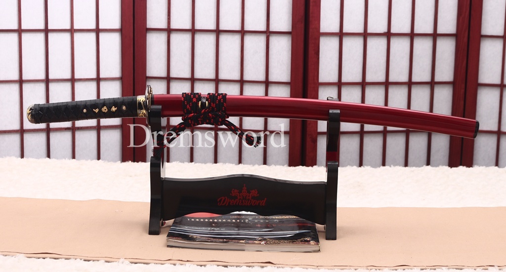 9260 Spring Steel Daisho Katana + Wakizashi Set with Horn Saya Japanese Samurai Sword Battle Ready Shinogi-Zukuri Red