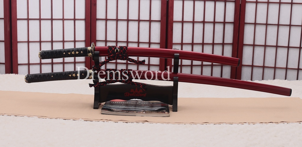 9260 Spring Steel Daisho Katana + Wakizashi Set with Horn Saya Japanese Samurai Sword Battle Ready Shinogi-Zukuri Red