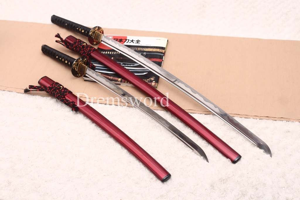 9260 Spring Steel Daisho Katana + Wakizashi Set with Horn Saya Japanese Samurai Sword Battle Ready Shinogi-Zukuri Red