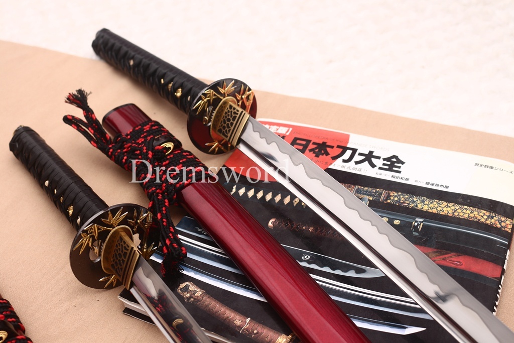 9260 Spring Steel Daisho Katana + Wakizashi Set with Horn Saya Japanese Samurai Sword Battle Ready Shinogi-Zukuri Red