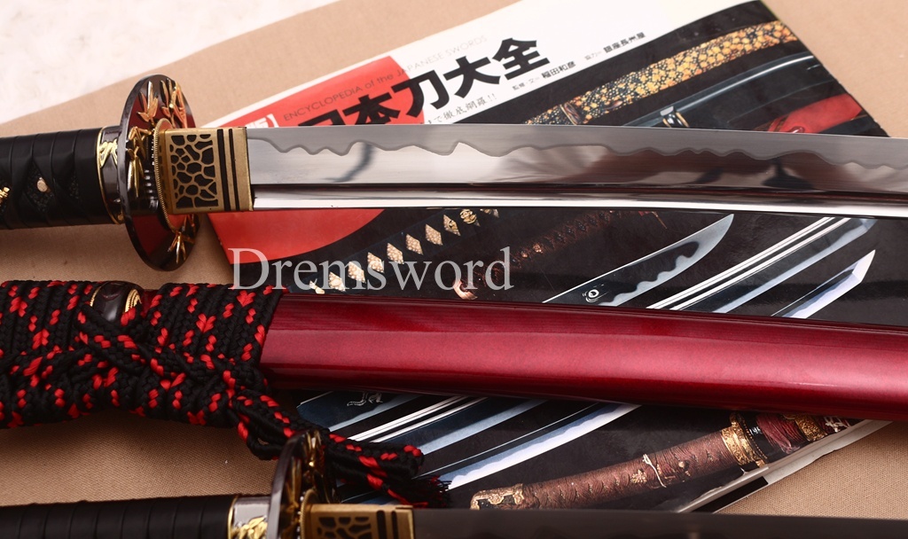 9260 Spring Steel Daisho Katana + Wakizashi Set with Horn Saya Japanese Samurai Sword Battle Ready Shinogi-Zukuri Red