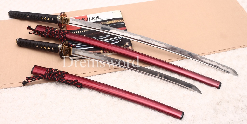 9260 Spring Steel Daisho Katana + Wakizashi Set with Horn Saya Japanese Samurai Sword Battle Ready Shinogi-Zukuri Red