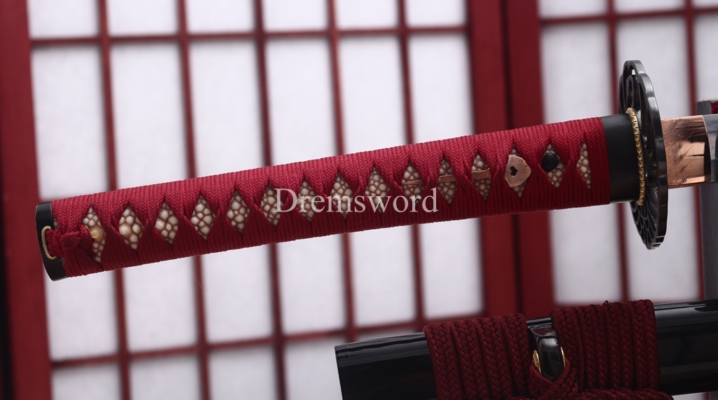 Handmade L6 Steel Clay Tempered Katana Ox Horn Saya Japanese Samurai Sword Shinogi-Zukuri Sword Red